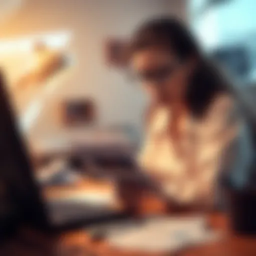 A recent graduate sitting at a desk with a worried expression, looking at bills and financial documents while holding a calculator, representing financial struggles after business failures.