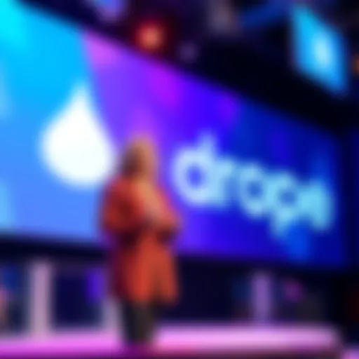 Freya Tidy speaking at the launch event for Drope, with a large screen displaying Drope's logo behind her.