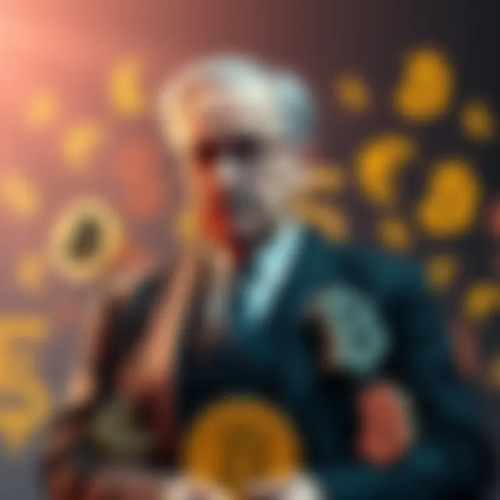 Friedrich Hayek standing with various currency symbols, representing his views on decentralized money