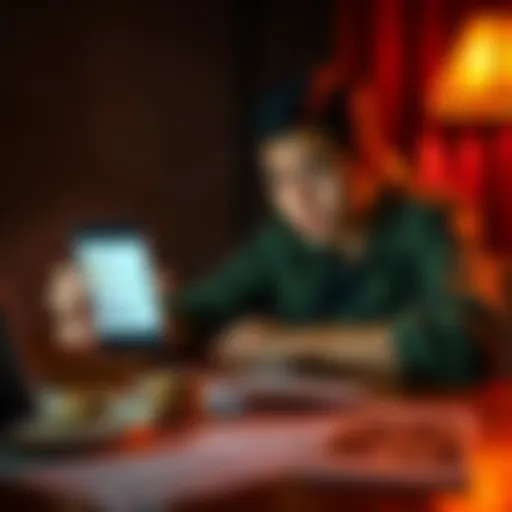 A concerned person looks at a phone showing a Bitcoin transaction while sitting at a table with money and documents spread out, indicating a potential scam