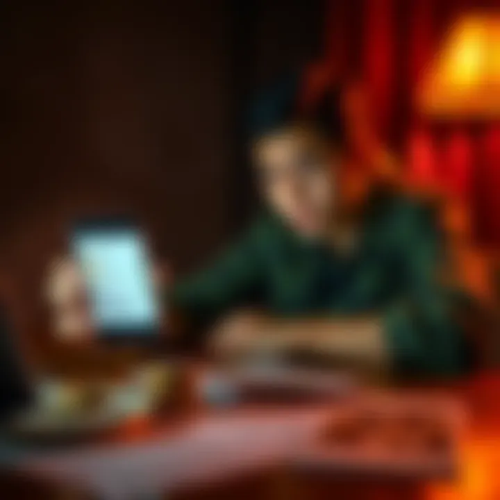 A concerned person looks at a phone showing a Bitcoin transaction while sitting at a table with money and documents spread out, indicating a potential scam