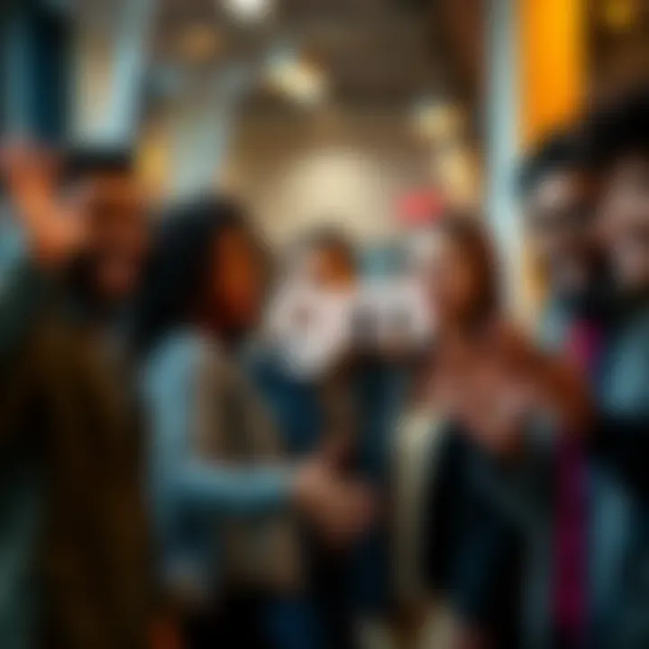 A group of diverse people smiling and waving, engaging in a friendly conversation with 'gm' text displayed