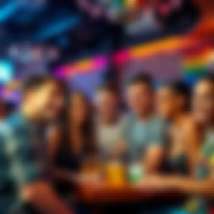 A diverse group of people smiling and socializing in a lively LGBT hangout with rainbow decorations.