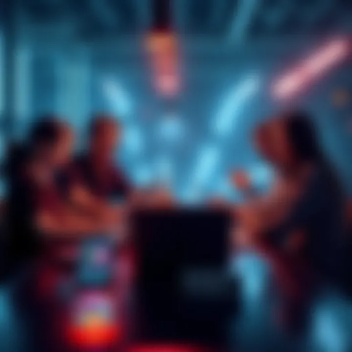 A group of friends gathered around a table, discussing solo mining while looking at laptops