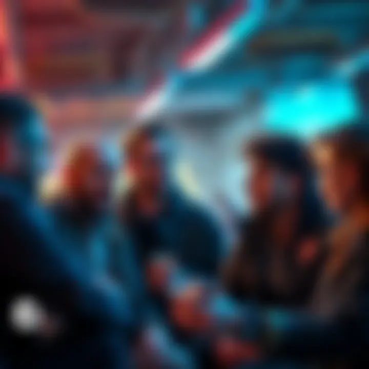 A group of friends talking about cryptocurrency investments with mixed expressions, showing excitement and confusion.