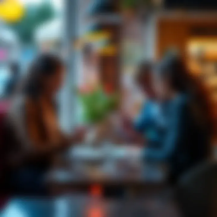 A group of friends together at a café, sharing their mobile devices to manage Revolut payments in different currencies for their trip