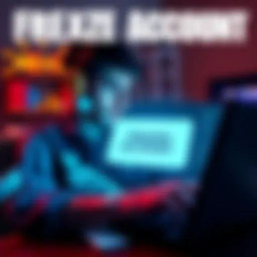 A worried individual looking at a laptop screen showing a frozen account message, surrounded by dollar bills