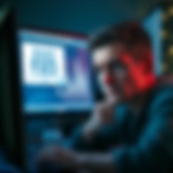A person looking worried while staring at a computer screen, showing a message about a frozen account and missing funds.