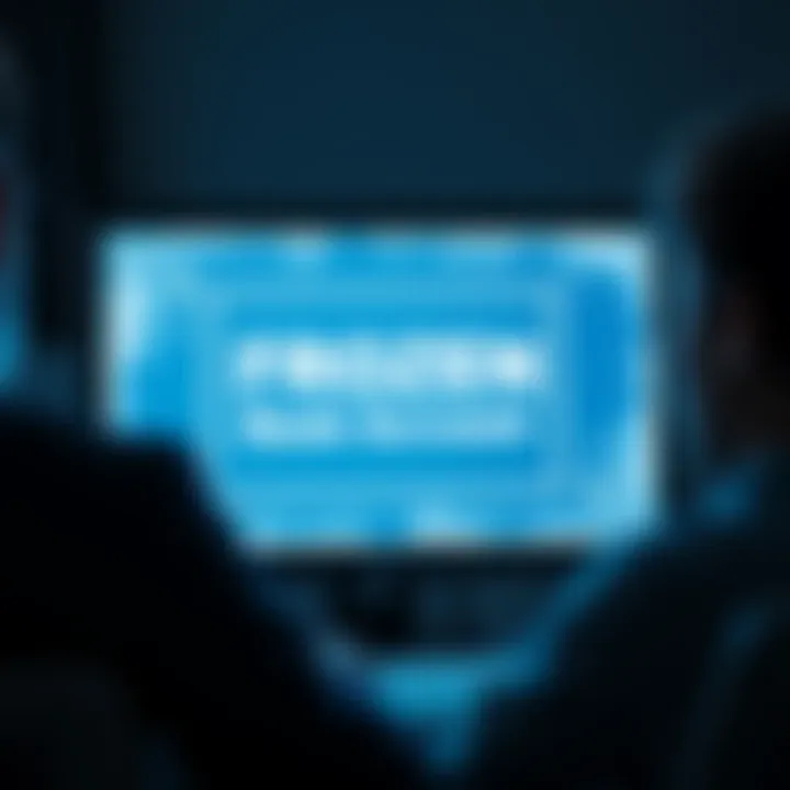 A computer screen displaying a frozen bank account message due to identity theft, with a concerned person looking on.