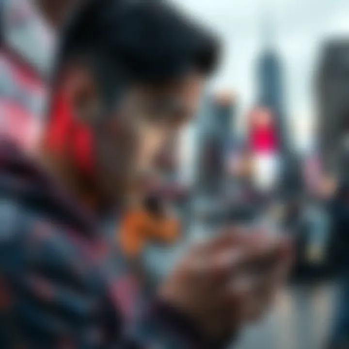 Frozen Neobank Account A person looking frustrated while checking their phone for updates on a frozen bank account, with a blurred background of a cityscape.