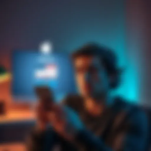 A frustrated individual holding a smartphone, looking confused while trying to access their Apple account, with a computer in the background showing an Apple login screen.
