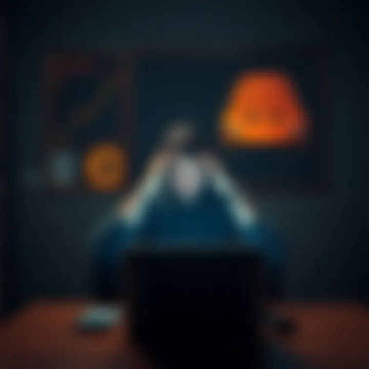 A person sitting at a table, looking frustrated with a laptop showing Bitcoin charts and a Lamborghini poster on the wall.