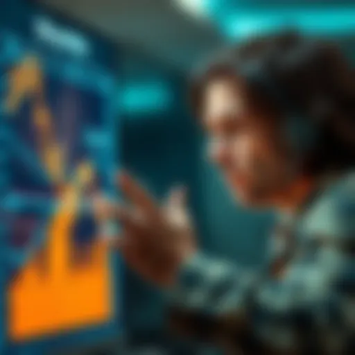 A distressed person looks at a chart showing a downward trend in Bitcoin prices, reflecting their financial loss.