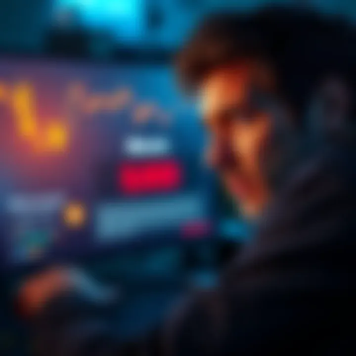 A frustrated person looking at a computer screen, showing a blocked Bitcoin account message, with currency symbols in the background.