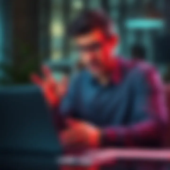 Business owner looking worried while checking financial documents on a laptop, displaying frustration over a blocked account