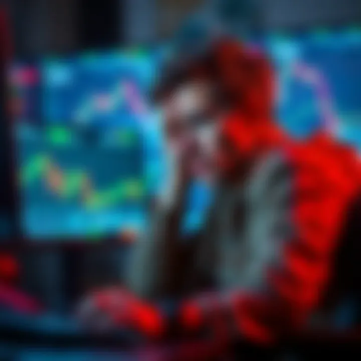 A frustrated crypto trader sitting in front of a computer with trading charts on the screen, looking worried and confused about account issues, symbolizing lost opportunities in trading.