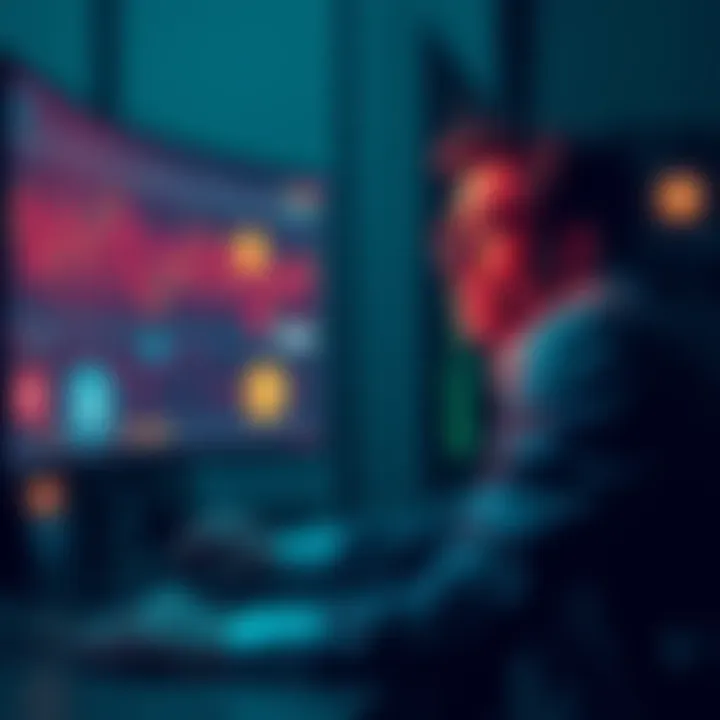 A person looking frustrated while trying to swap cryptocurrencies on a computer, with charts and crypto logos visible on the screen
