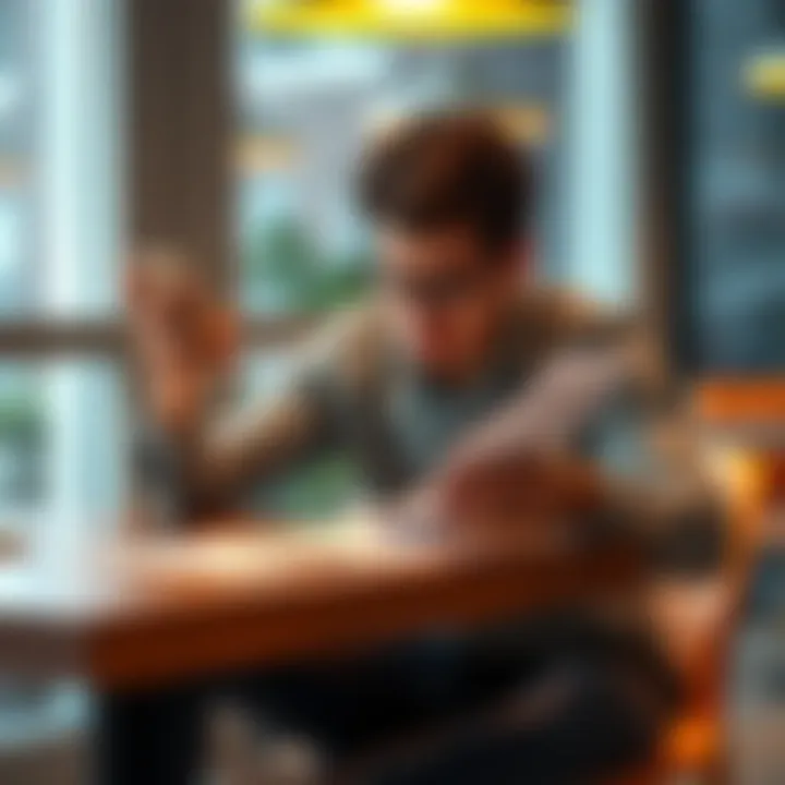 A person sitting at a table looking stressed, holding a phone in one hand and papers in the other, representing frustration with a banking issue.