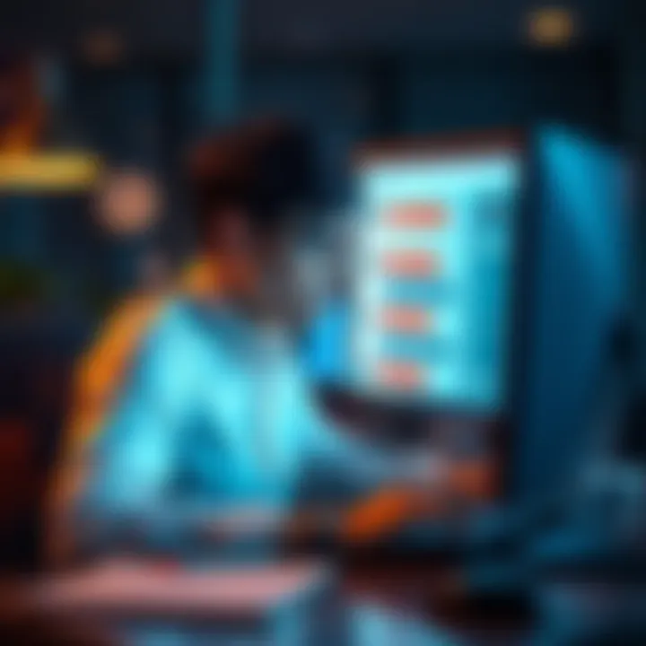 A frustrated person sitting at a desk, looking at a computer screen with a chatbot interface, showing confusion and irritation