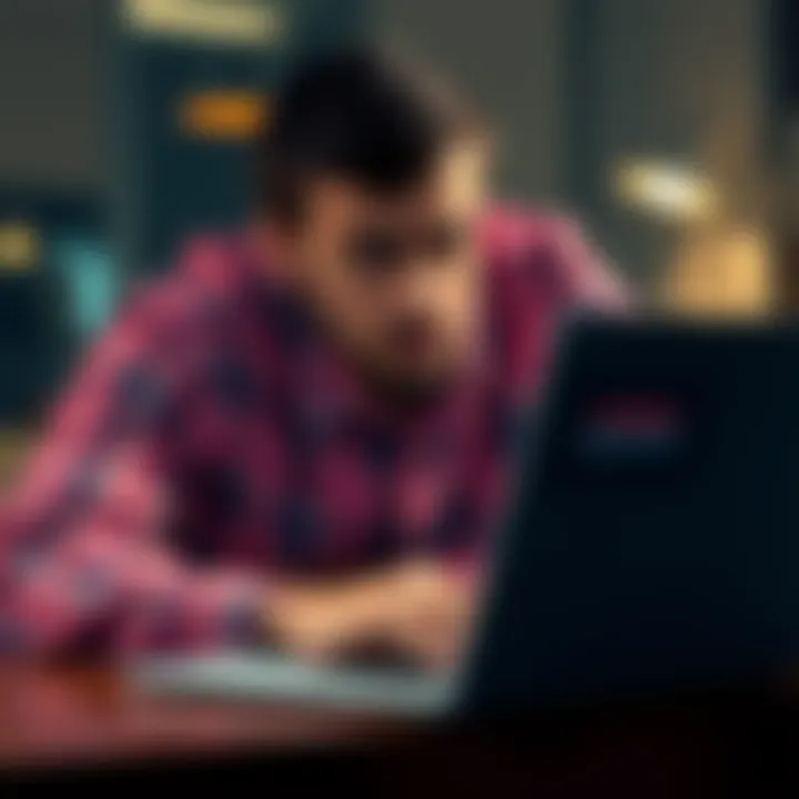 A person looking frustrated while using a laptop, with a locked account message on the screen.