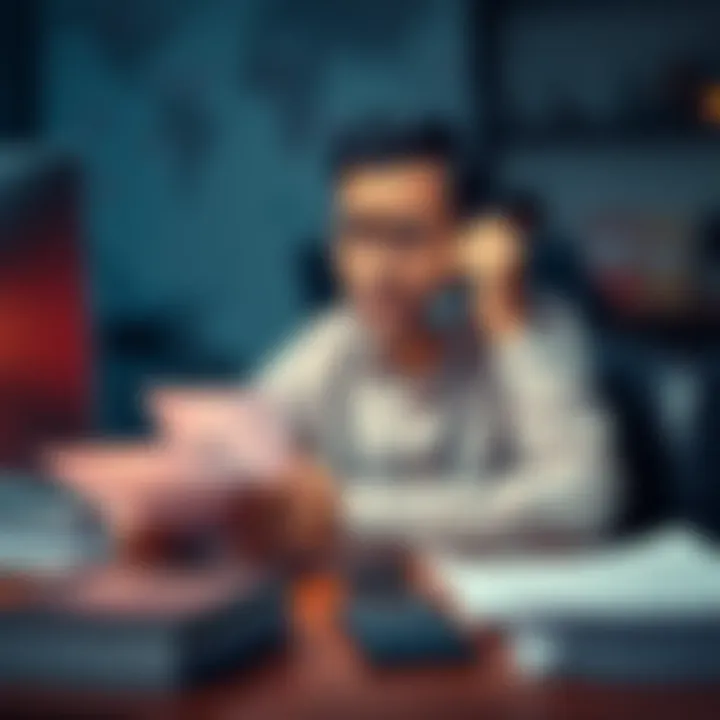 A frustrated customer sitting at a desk, on the phone with Binance customer service, showing signs of stress and confusion while surrounded by documents.