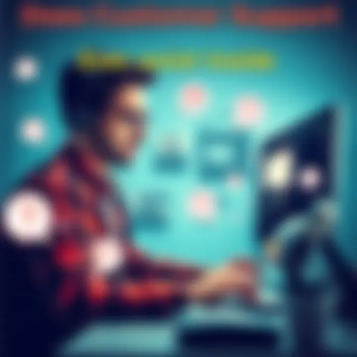 Frustrated customer trying to reach support A person looking confused at a computer screen while typing a message, showing dissatisfaction with customer support, surrounded by various icons representing confusion and frustration
