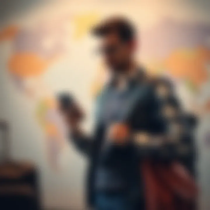 A frustrated customer holding a travel bag and phone, looking disappointed while browsing travel apps with a backdrop of a world map.