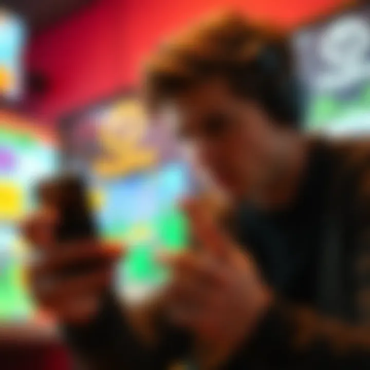 A gamer showing frustration while playing a mini game on a smartphone, with ads and loading icons in the background.