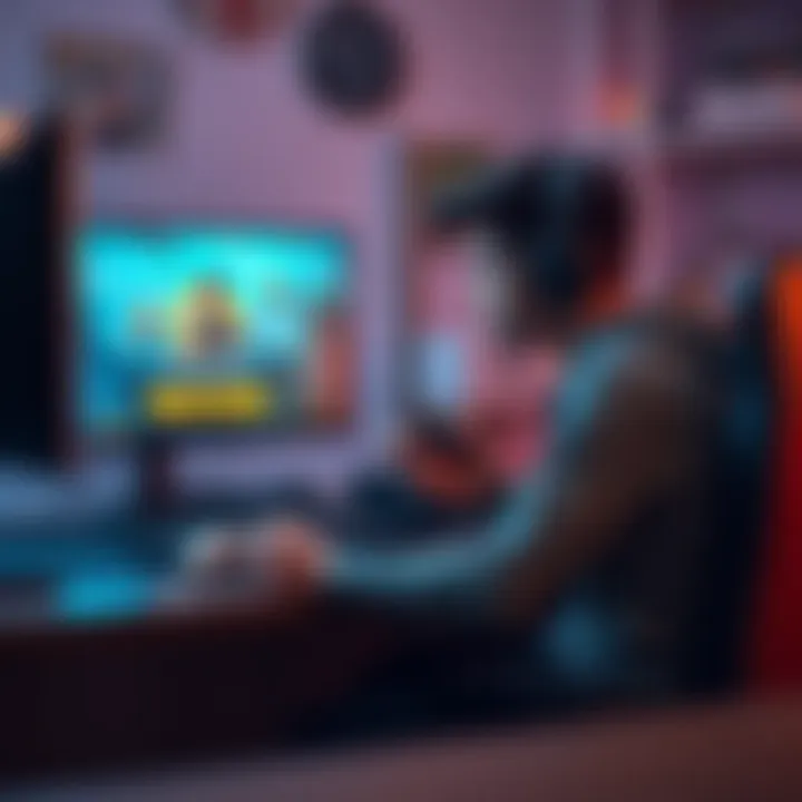 A player sitting at a gaming desk looking frustrated while holding a controller, with a screen showing the game EatVenture and a notification of missing rewards.