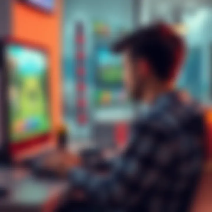 A person sitting at a computer, showing frustration while looking at a screen filled with repetitive gaming challenges, including fishing and golf tasks.