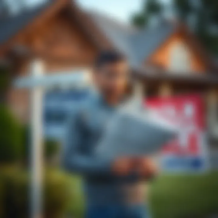 A person looking stressed while holding paperwork in front of a house for sale sign