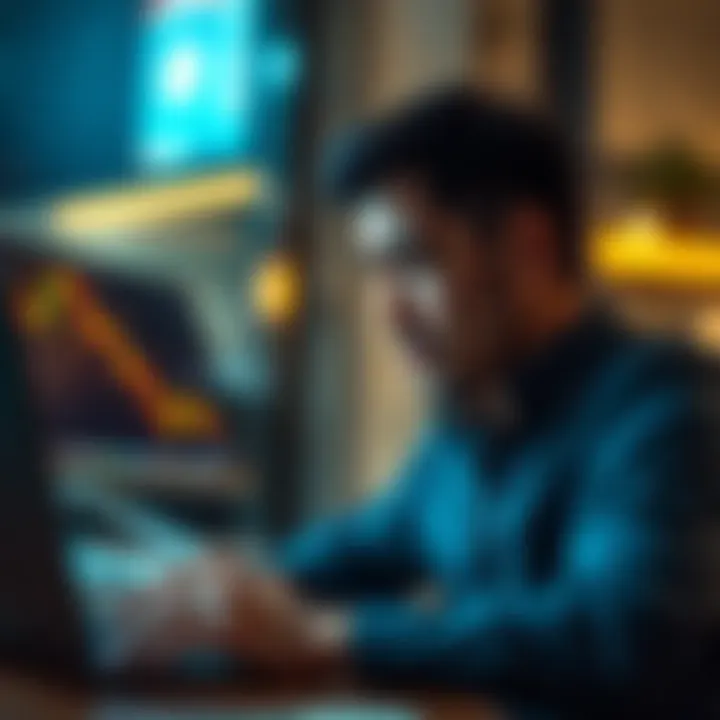 A person looking distressed while analyzing a Bitcoin price chart on a laptop, reflecting concerns about investment struggles