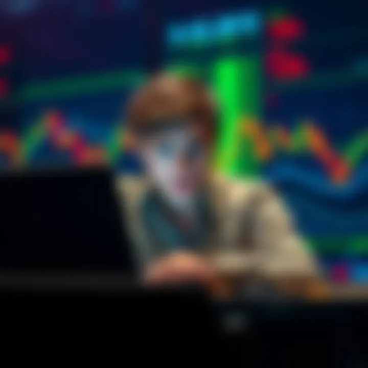 A person looking frustrated while checking stock market trends on a laptop, with financial graphs showing declines in the background.