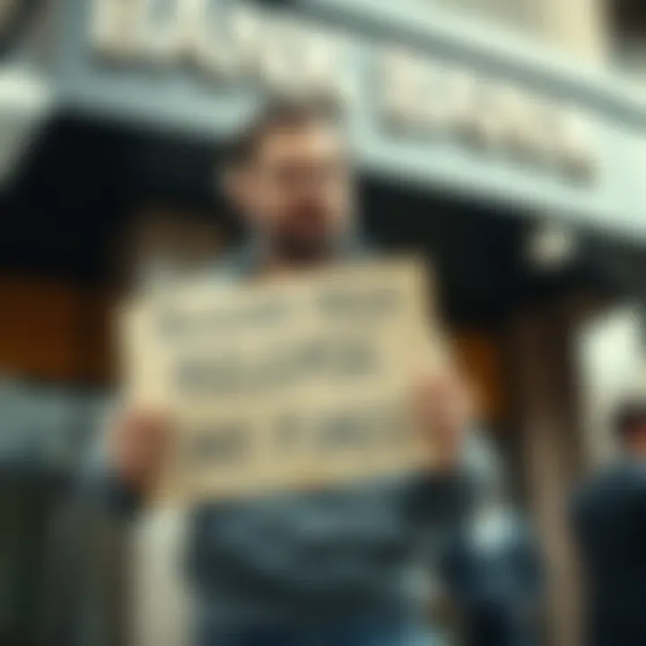 A man with an angry expression stands in front of a bank, holding a sign that says 'Release My Funds'. He looks determined and frustrated as he talks to a bank representative.