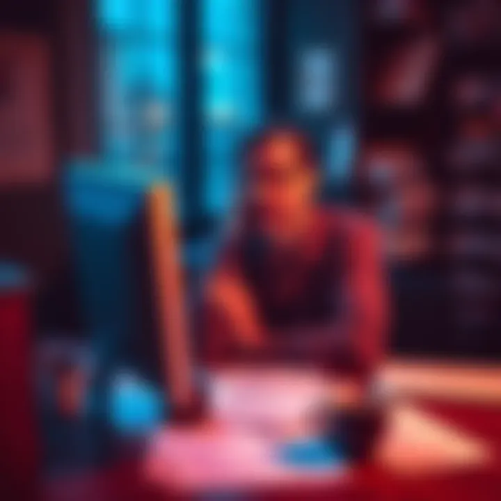 A person showing frustration while sitting at a desk with a computer, surrounded by survey forms and a coffee cup