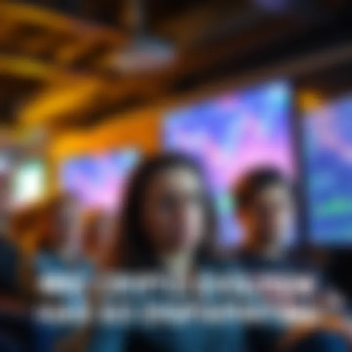 A group of annoyed individuals staring at fluctuating cryptocurrency charts on screens, representing disillusionment with crypto's evolution.