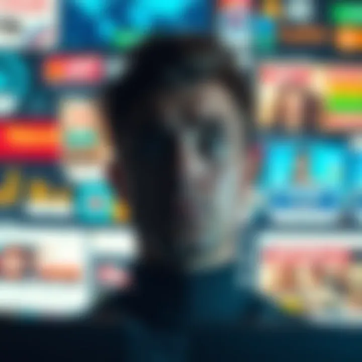 Frustrated person with ads on screen A person looking frustrated at a computer screen filled with pop-up ads and banners