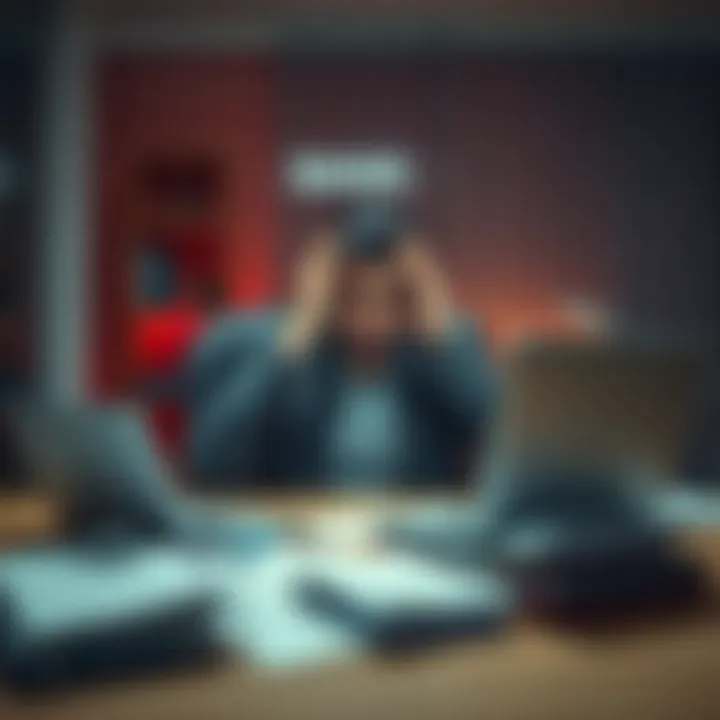 Individual sitting at a desk looking stressed while trying to contact a bank about a deceased parent’s funds, with a laptop and documents scattered around.