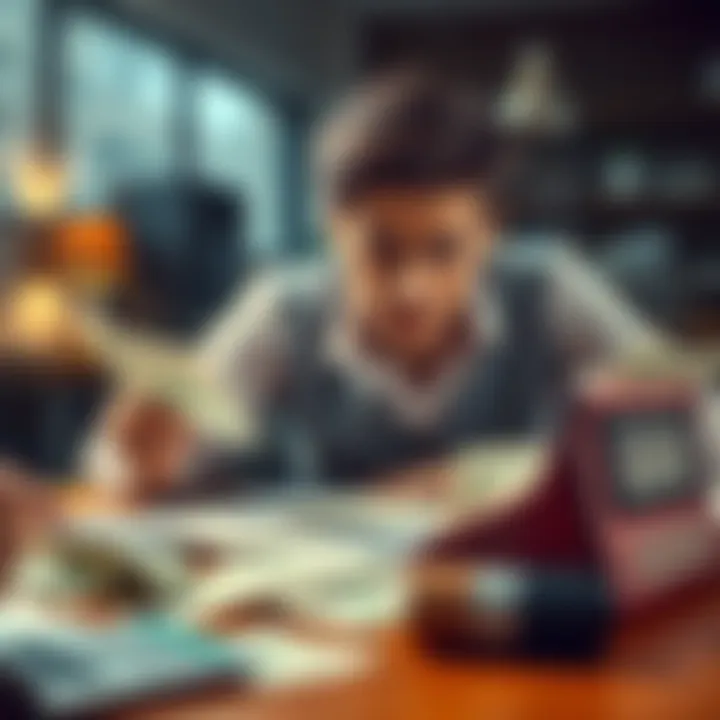 A worried person sitting at a table with scattered bills and a calculator, showing a look of disappointment.