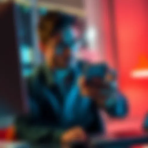 A professional looking at a computer screen, frustrated over blocked funds while holding a phone with call logs and texts visible