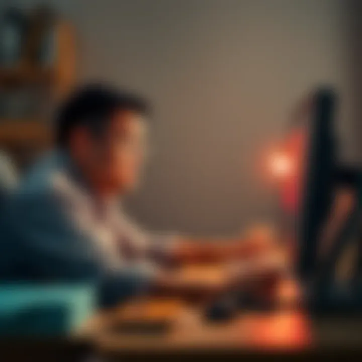 A person sitting at a desk looking frustrated while trying to sell a parcel on their computer, with a visible error message on the screen.