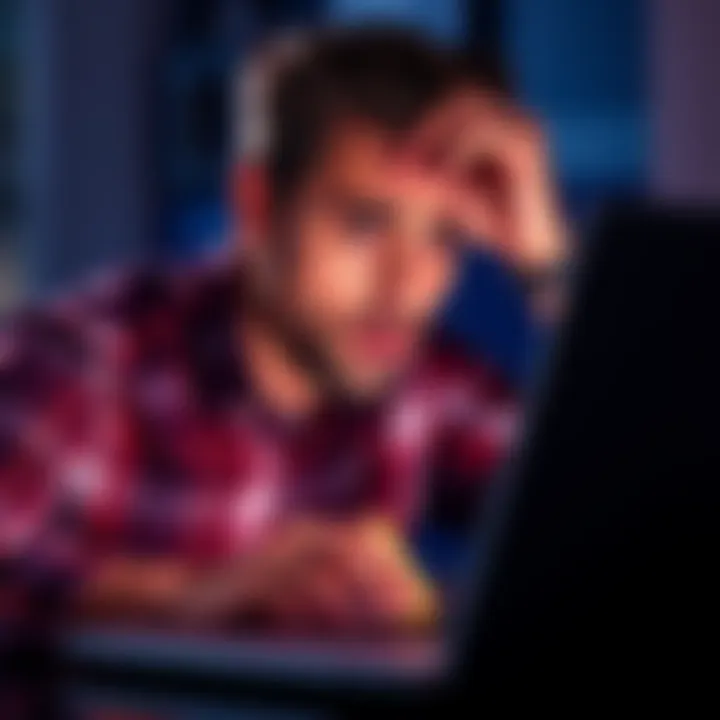 A person looking frustrated while trying to buy cryptocurrency online with a debit card, showing a laptop screen with error messages.