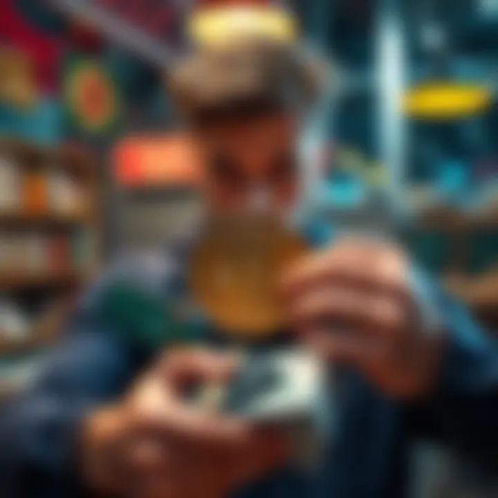 Frustrated person holding USDC A person looking frustrated while holding a digital representation of USDC, surrounded by cash and cards, symbolizing the struggles of using stablecoins for daily spending.