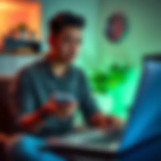 A frustrated person sitting in front of a laptop, holding a used indoor hotspot device, looking confused and seeking help online.