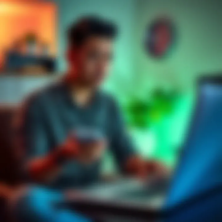 A frustrated person sitting in front of a laptop, holding a used indoor hotspot device, looking confused and seeking help online.