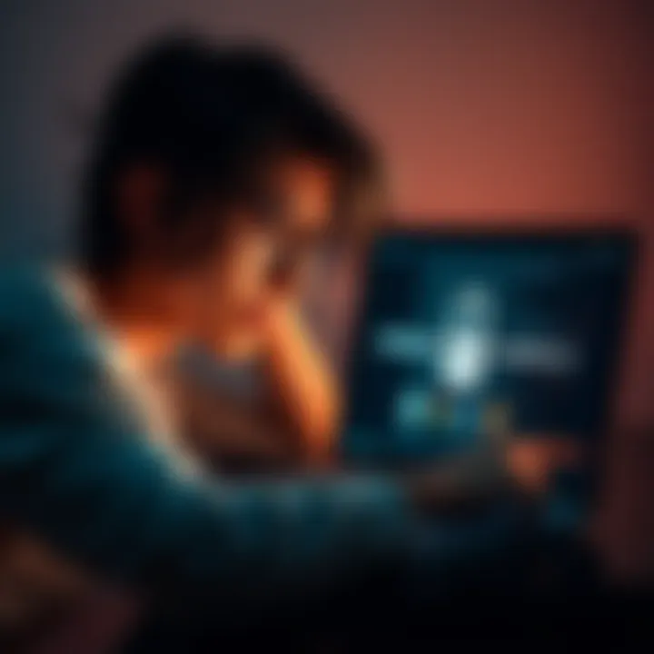 A person looking upset while using a laptop with a disconnected internet symbol on the screen, representing the loss of online access after a ban.