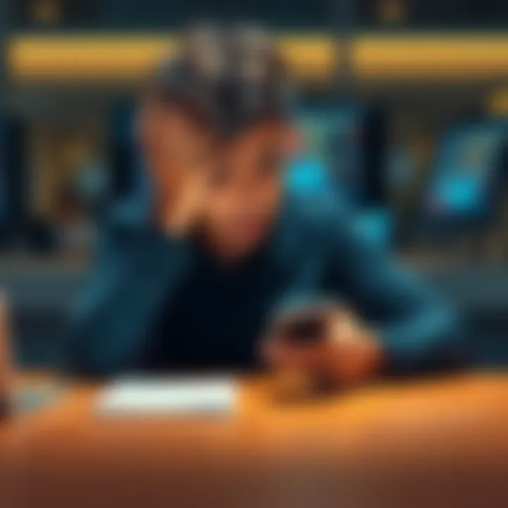 A person sitting at a desk looking frustrated while trying to sign-up for an app on their phone, showing signs of distress with their hands on their head.