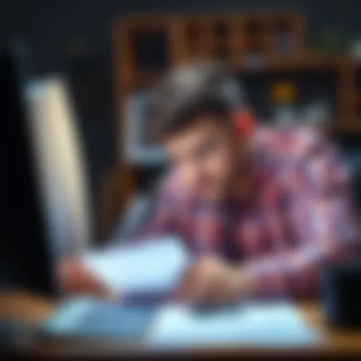 A person looks annoyed while filling out a lengthy survey on a computer, showing their frustration with the process.