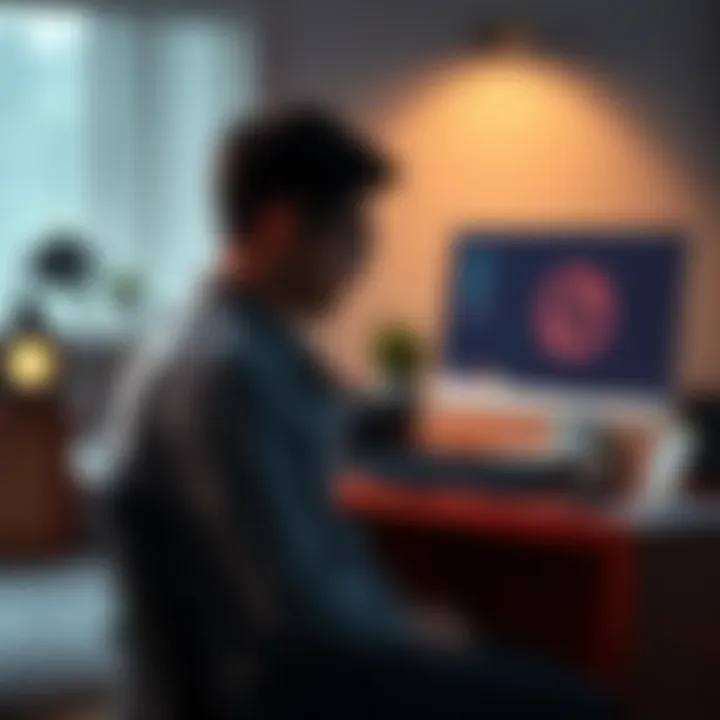 A person sitting at a desk looking disappointed after completing an online survey with a computer screen showing no rewards.