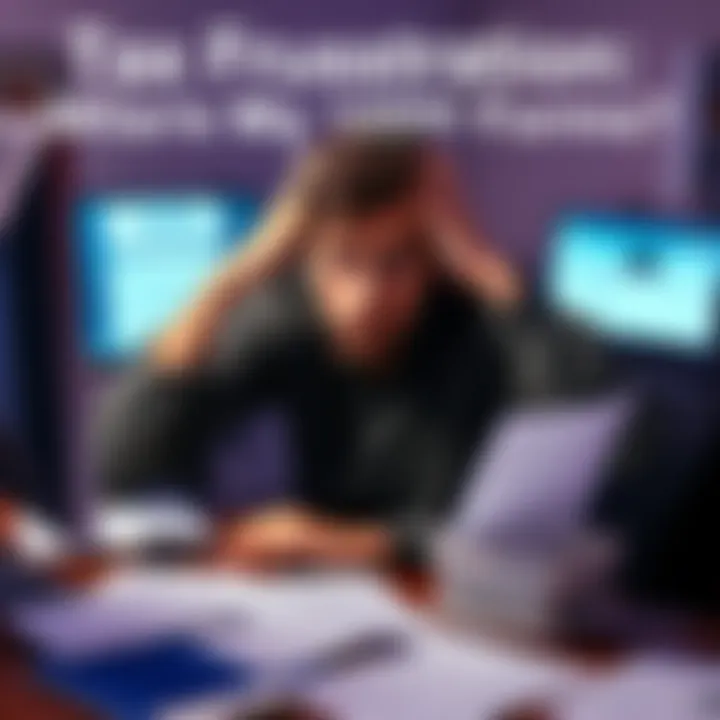 A frustrated person sitting at a desk, looking at a computer screen with an empty 1099 form. Papers are scattered around, showing stress during tax season.